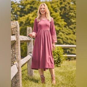 April Cornell Red Smocked Midi Dress with Bishop Sleeves